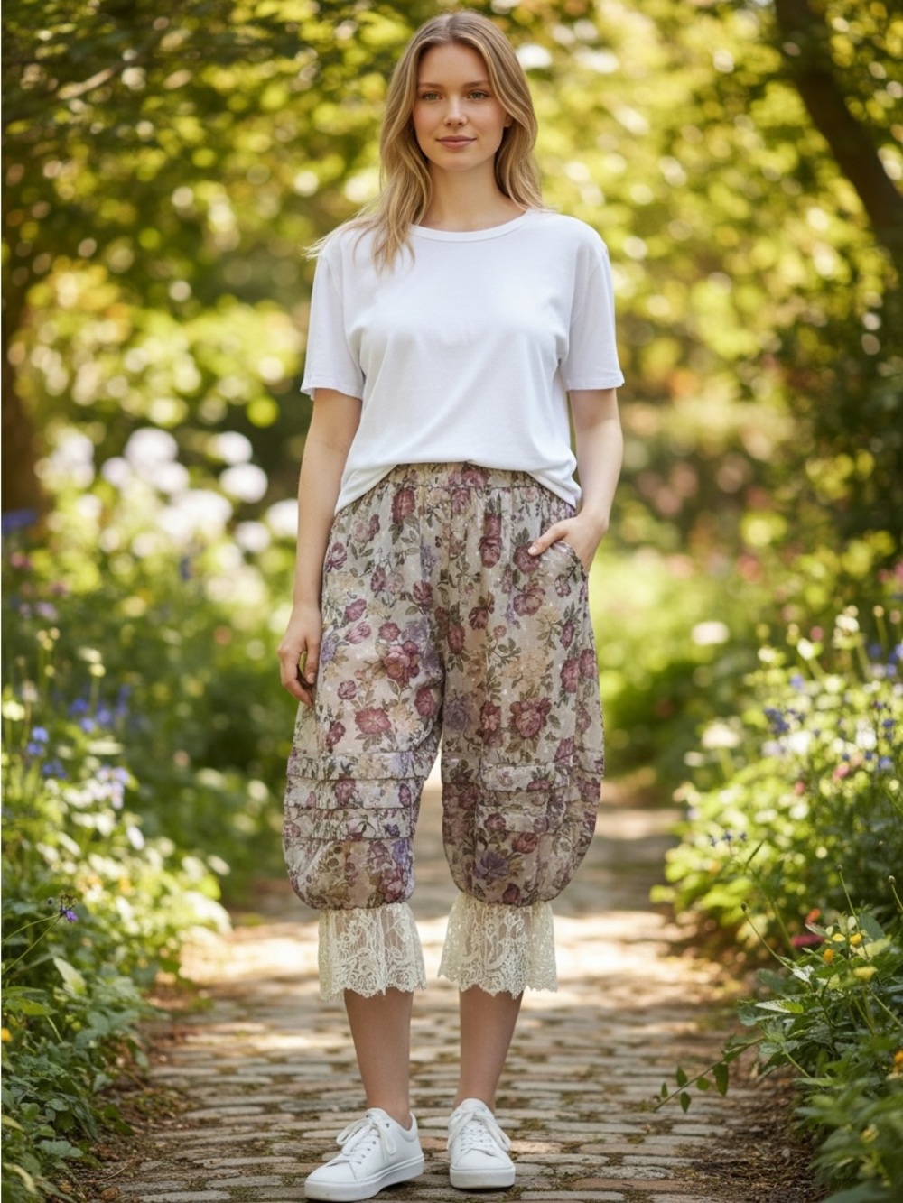 Floral Tiered Bloomers with Lace Hem - Pink & Cream Size Sm Bellanblue
